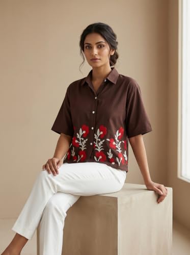 Image of Stylish Women's Embroidered Shirts | Geometric Pattern Half Sleeve Collared Button-Up Casual Shirt for Women