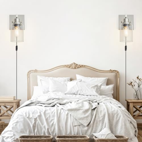 Image of Plug in Wall Sconces Set of 2, Modern Corded Wall Sconce, Bedroom Wall Sconces with Clear Glass, Wall Decor Set of 2 Brushed Nickel Wall Lamps for Bedroom Living Room