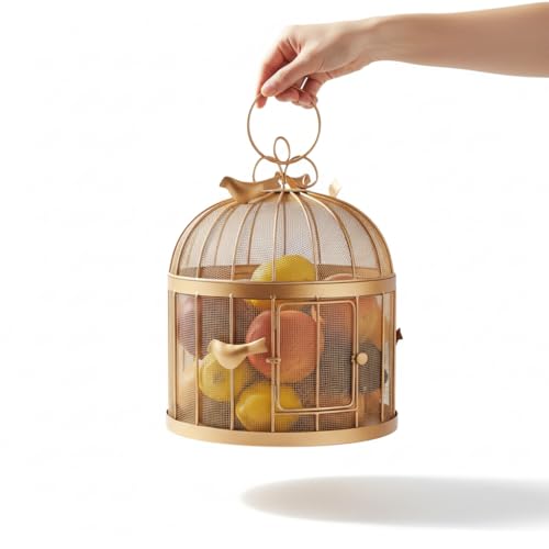 Image of U.K.S Modern Metal Fruit Basket with Mesh Lid Storage for Fruits & Vegetables | Round, Durable, and Stylish Design (GOLD)
