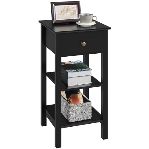 Yaheetech Mesita de Noche Alta Mesilla de Noche de Madera MDF con 1 Cajón y 2 Estantes Mesa Auxiliar para Sofá Dormitorio 35×35×70cm Negro
