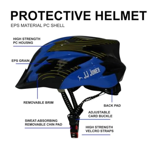 Image of JJ Jonex Adjustable Cycling & Skating Helmet with Detachable Visor | Light Weight | Adjustable Strap with Comfortable Chin Padding | Ideal for Men, Women & Kids (Blue-Black, Medium)