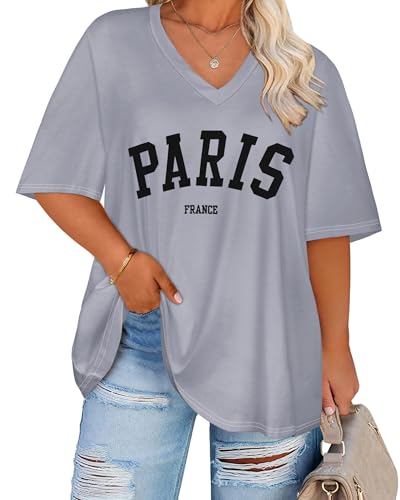 rosemia Plus Size Graphic Tees for Women Oversized Tshirts Casual V Neck Short Sleeves Tops, Gray Paris, 6X-Large