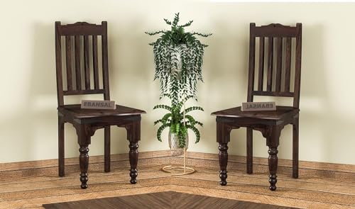 Image of Jaipuri Wooden Dining Chairs Set of 2 for Kitchen & Dining Room, Two Seats, Solid Sheesham Wood, Walnut Finish