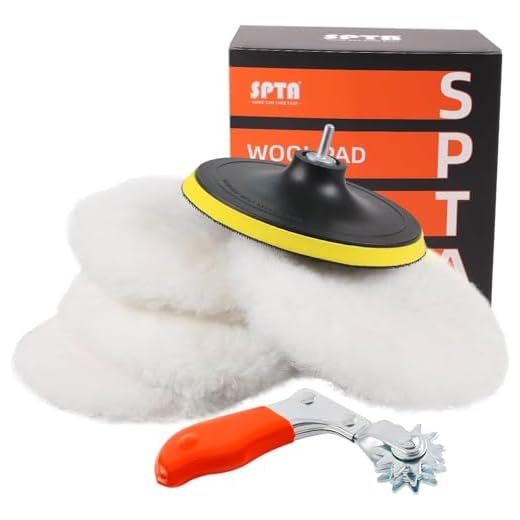 SPTA Lammfell pad, Lammwollhaube, Lammfell, 5tlg 150mm Polieren polierscheibe Polierset Set Wolle Pad Lammwolle 150mm Klett pad polierscheibe + M14 Bohrer Adapter für Auto poliermaschine -HWPPS6M14M5