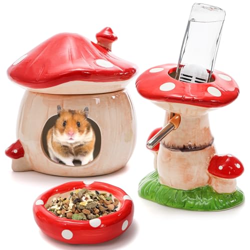 Hacaroa 3 Pack Ceramic Hamster Hideout, Mushroom Shape Guinea Pig...