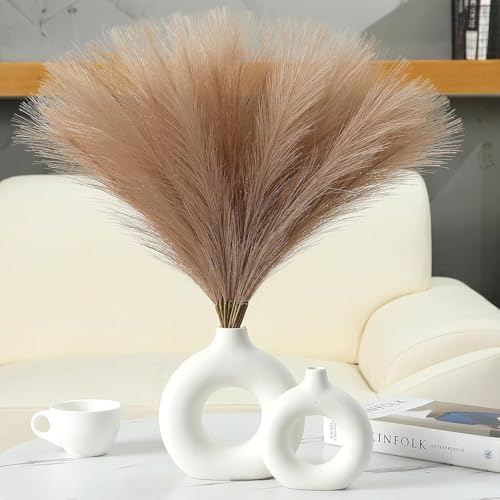 Image of Artificial Pampas Grass Set of 3 for Home Decor, Faux Fluffy Dried Flower Stems for Vase Decoration, Boho Table Centerpiece, Artificial Flowers for Living Room Bedroom Office Decor. (Brown)