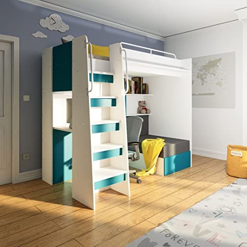 Marlux-Meble Hochbett JSM-7 90x200 TREPPE Links mit Schreibtisch Schränke...