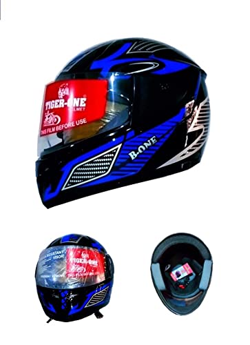 Tiger-ONE Full FACE Helmet [ Size : L ] Motorbike Helmet, High Impact Shell, Colour = Blue, ISI : Approved..