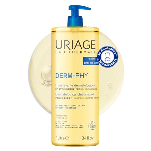 Uriage Derm-Phy Shower Oil 1L - Face & Body Wash - Dry & Sensitive Skin - Cleanses Nourishes Prevents Dryness - 25% Glycerin & Extra-Rich Agents - Physiological pH - Soap-Free