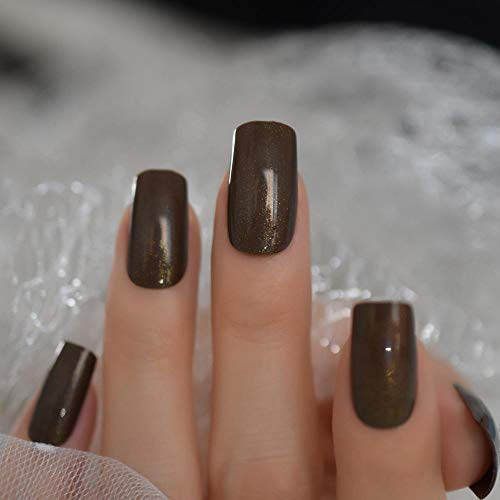 TJJF Falsche Nägel Glänzende Faux Ongles Braun Mittellang Quadratisches UV-Gel Abs Falsche Nägel Mit Schimmer Innen 24… – Bild 3