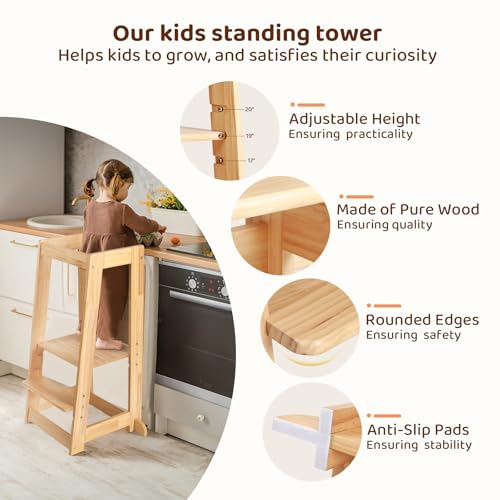 Adjustable-Toddler-Tower-Stable-Standing-Tower-with-3-Heights-Platform-Steps-Wooden-Step-Stool-for-Toddlers-with-Safe-Around-Rails-for-BathroomKitchenSink-Suitable-for-Ages-18-36-Months Adjustable Toddler Tower Stable Standing Tower with 3 Heights Platform Steps Wooden Step Stool for Toddlers with Safe Around Rails for BathroomKitchenSink Suitable for Ages 18 36 Months