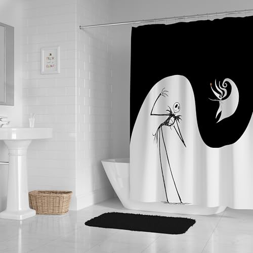 Image of Jay Franco Disney Nightmare Before Christmas Fabric Shower Curtain - Kids Swirl Black and White Bathroom Decor with Jack Skellington and Zero