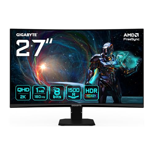 GIGABYTE GS27QCA 27&Prime; Moniteur Gaming Incurvé QHD – 2560 x 1440, 180Hz, 1ms, 250 CD/m², FreeSync, HDR Ready, HDMI 2.0, DisplayPort 1.4