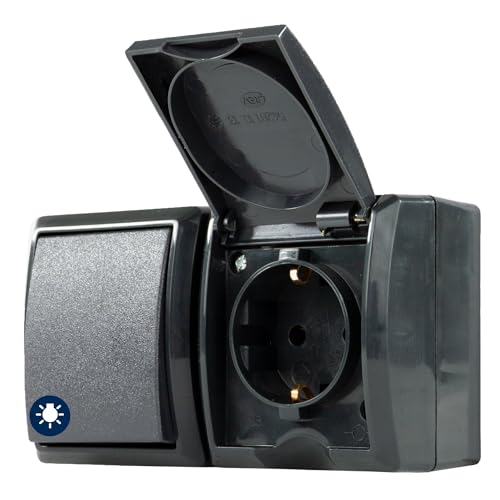 REV AquaForm, Lichtschalter mit Steckdose, IP44, zweipolig, Aufputz, anthrazit