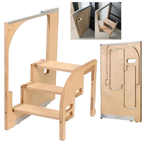 Escalera de cocina de madera plegable con 3 escalones estables para el hogar 2
