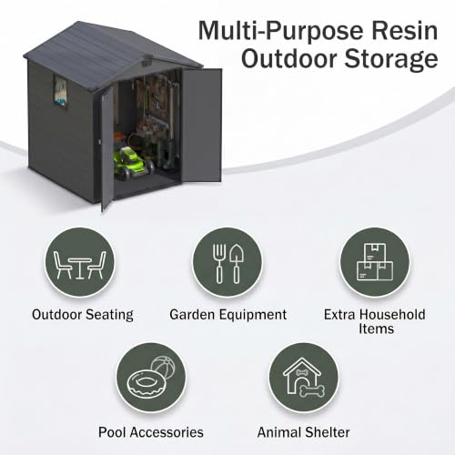 Image of Devoko 6x6 FT Plastic Storage Shed with Floor, Outside Tool Storage Shed for Patio Garden Backyard, Dark Gray