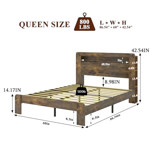 Image of Bellemave Rustic Vintage Queen Size Bed Frame with Bookshelves,Storage Headboard and Charging Station,Wooden Platform Bed Frame Queen Size with LED Lights and Wood Slats,Easy Assembly,Dark Brown