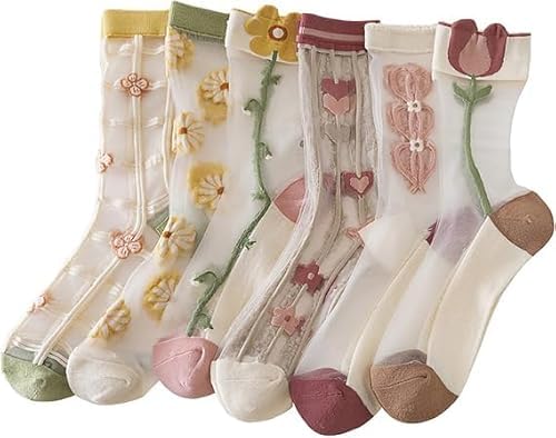 Image of Alafime 8 Pairs Sheer Vintage Embroidered Floral Socks for Women Coquette Aesthetic Mesh Y2K Fulle Socks