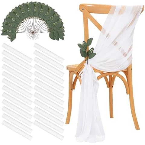YOUMEHOME Wedding Aisle Chair Sashes Decorations : 24 Packs White Chair Bows Sashes Tie Back Sheer Drapes Fabric Chairs Covers for Wedding Aisle Bulk Party Reception Cover