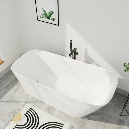 Image of 59 inch Acrylic Freestanding Bathtub, Single Slipper Free Standing Tub, Soaking Tub with Integrated Slotted Overflow, Toe-Tap Chrome Drain, cUPC Certified, Glossy White