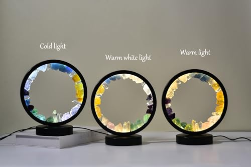 Image of AMOYSTONE Natural Chakra Crystal Night Light with USB, Mixed Stones Round Meditation Lamp with 3-Color Control for Bedroom, Office & Home Decor (Push Button Switch)