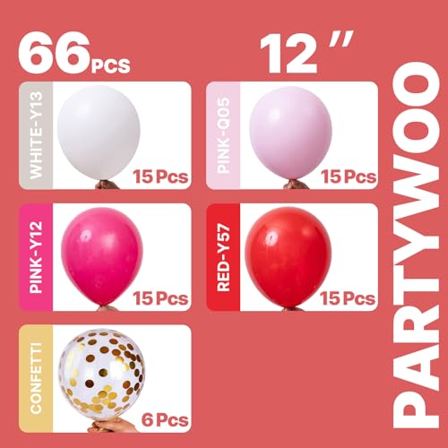 Image of PartyWoo Pink and Red Balloons 66pcs 12 Inch Hot Baby Pink Matte Red White Gold Confetti Balloons for Valentine's Day Engagement Wedding Bachelorette Girl Princess Birthday Party Decorations