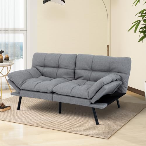 Image of MUUEGM Futon Sofa Bed Convertible Couch,Memory Foam Futon Sofa Couch,Sleeper Futons Sofa Couches,Small Splitback Modern Loveseat Sofa Bed for Living Room,Office,Apartment,Linen Fabric,Light Gray.