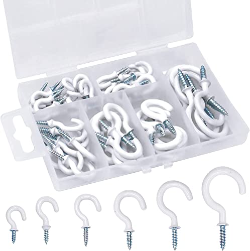 Tinsellns 70pcs Screw in Eye Hooks White Ceiling Hooks Hooks Steel Plastic Coated Ceiling Hooks for Under Cabinet Shelf Wall Hanging Mug Cup (04050)