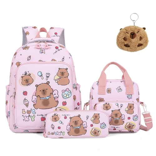 Capybara Backpack Cute Kawaii Backpack 3PCS Set, with Lunch Bag and Pencil Case, Mochila De Capybara (Pink)