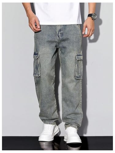 Men's Denim Cargo Pants Flap Pocket High Waist Straight Leg Y2k Cargo Jeans4