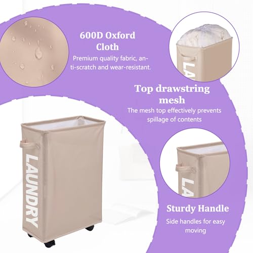 Image of Slim Rolling Laundry Hamper with Wheels, 42L Collapsible Narrow Laundry Basket with Drawstring Mesh Cover, Foldable Dirty Clothes Organizer for Bathroom, Dorm, Small Spaces, Khaki