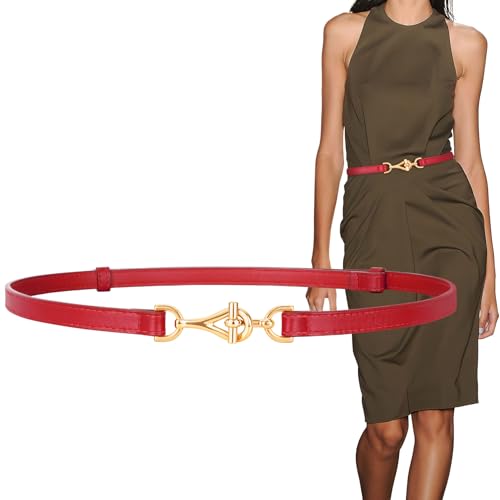 XZQTIVE Leather Skinny Belt for Women Adjustable Thin Waist Belt Gold Buckle for Dresses Coats Jeans