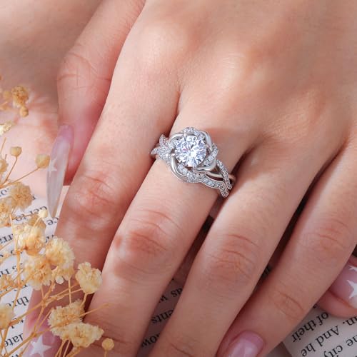 Image of Jeulia Halo Solitaire Engagement Rings for Women Sterling Silver Floral Flower Rings Rose Gold Plated Diamond Ring Round Cut Bridal Ring Set Anniversary Promise Rings for Her
