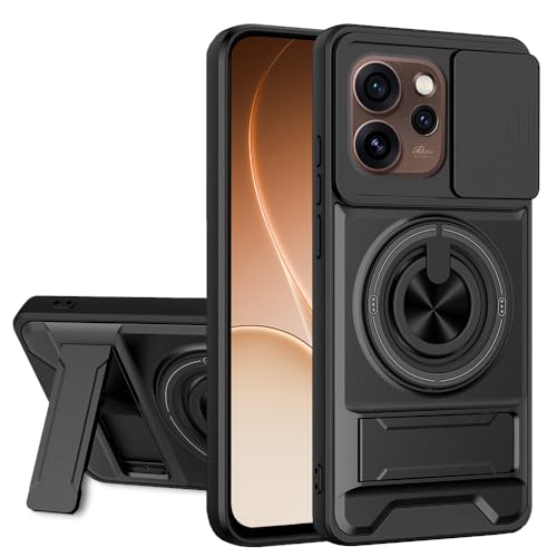 Image of AESTMO Oppo Reno 15 Pro Mini 5G Back Cover | Armor Camera Slider 360 Degree Rotating Finger Ring Holder Case with Bracket Stand Back Case Cover (Compatible with MagSafe Accessories) (Black)