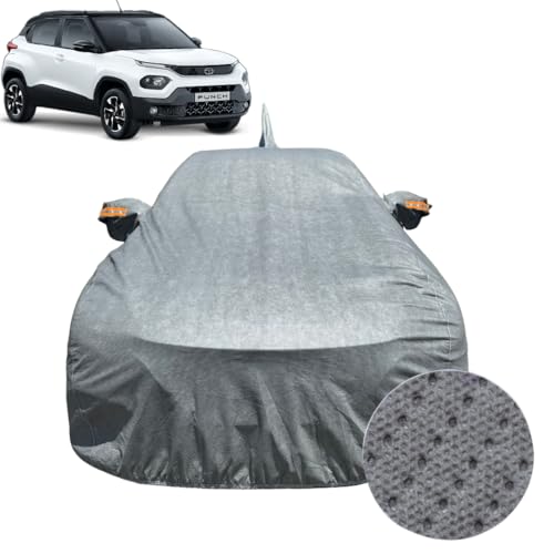 Image of Car Cover For Tata Punch /Punch EV (2021-2025)| 100% Waterproof Cover with FRONT SIDE ANTENNA & REFLECTIVE Mirror Pockets | Dustproof, Scratchproof, Heatproof Car Cover|Soft Cotton Lining|GREY