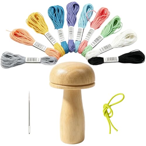 FTISSLY Stopfpilz Set mit Nähfäden in 10 Farben Nadeln und Haargummi Stopfpilz Holz Stopfset zum Nähen Stopfwerkzeug für Socken Pullover Hosen Hüte Schals