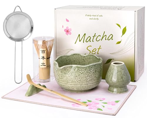 7PCs Japanese Matcha Set Matcha Whisk Set Traditional Matcha Tool with Green Matcha Bowl Matcha Whisk Scoop Whisk Holder Tea Towel Sifter for Home Office Tea Lovers Christmas Gift