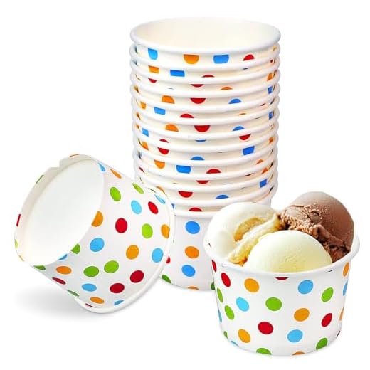 CZWESTC 50 PCS Ice Cream Cup, Disposable Ice Cream Bucket, Sundae Cups, Frozen Dessert Yogurt Container, Disposable Dessert Bowls, Rainbow Polka Dots Party Supplies( 8-Ounces）