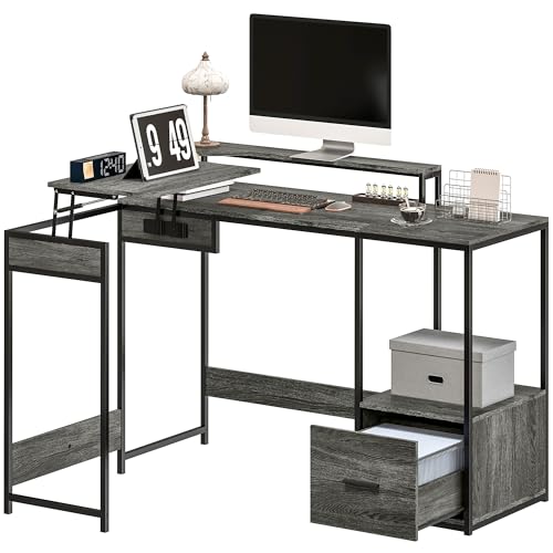 HOMCOM L Shaped Desk, Industrial Computer Desk with Liftable Desktop, Drawer for A4/Letter Size and Monitor Stand for Home Office, Charcoal Grey