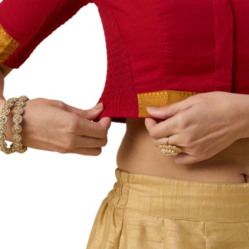 Image of Studio Shringaar Women's Handloom Cotton Stretchable (Smocked) Saree Blouse with Temple Zari Border