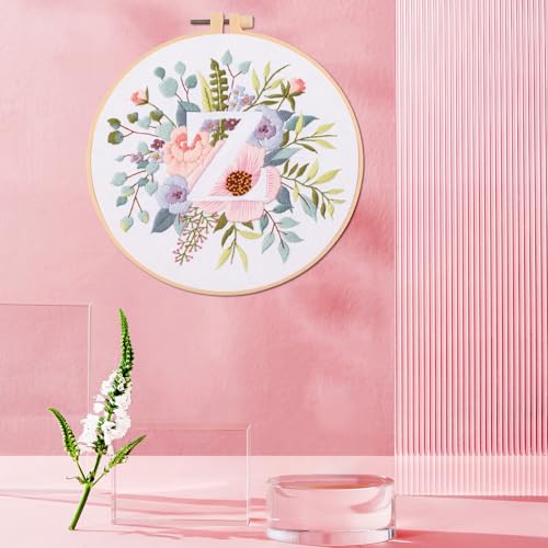 Image of IUHUI Embroidery Kit for Beginners Adults - 26 Floral Letters Easy Patterns, DIY Hand Stitching Embroidery Set with Hoop (Flower and Grass Letter Z)
