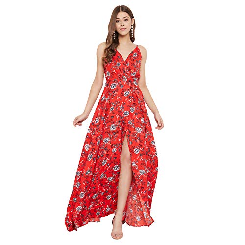 Image of Berrylush Red Solid V Neck Maxi Dress