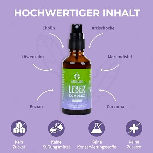 BitterLiebe® Leber* Komplex Spray - Leberkur*, natürliche Unterstützung der Leberfunktion* mithilfe von Cholin - hochdosiert mit Mariendistel Artischocke Löwenzahn und Bitterstoffen