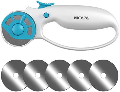 NICAPA 45mm Rotary Cutter for Fabric with Safety Lock Ergonomic Classic Comfort Loop Rotary Cutter for Crafting Sewing Quilting (Extra 5pcs 45mm Replacement Blades Included)