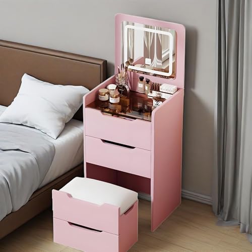 Tocador con espejo abatible rosa y luces LED para dormitorios con escritorio integrado