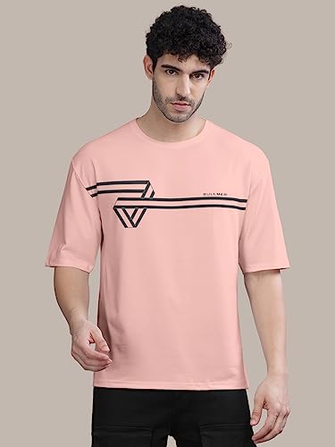 Image of BULLMER Peach Trendy Front Printed oversized Round Neck T-shirt for men