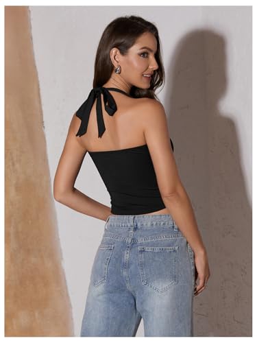SOLY HUX Women's Ruched Halter Y2K Crop Tops Tie Back Sleeveless Slim Fit Cami Tops3