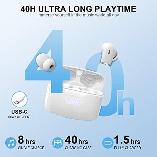 Wireless Earbuds, Bluetooth 5.2 Headphones in Ear Hi-Fi Stereo Sound, IP7 Waterproof Wireless Earphones with LED Display, 40H Playtime, Touch Control, USB-C, Bluetooth Earbuds for Office/Gym, White