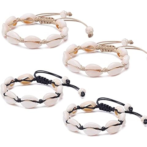 4 Pack Adjustable Shell Bracelets Anklets Set Natural Cowrie Shell Beads Puka Seashells Ankle Jewelry for Men Women Valentine's Day Gifts Cover