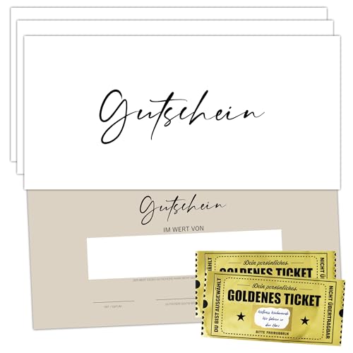 Eummel Gutscheinkarten zum Selbstausfüllen (50er DIN Lang) - Blanko Gutschein zum Ausfüllen als Vorlage inkl. 2 Goldene Tickets | Gutscheinvorlagen auf 300g Cremepapier